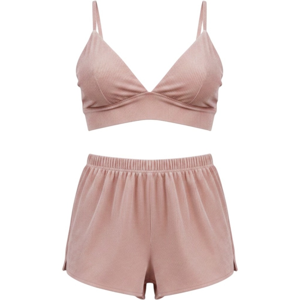 Victorias Secret Pink Ribbed Velvet Pajama Set Bralette and Shorts Lounge Large
